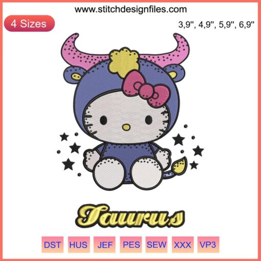 Hello Kitty Zodiac Taurus Embroidery Design File for Machine | Cute Taurus Logo with Hello Kitty Motif | Machine Embroidery Pattern