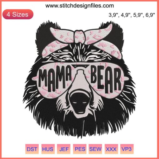 Mama Bear Mother's Day Logo: Sunglasses, Bow Embroidery Design, Cute Bear Clipart, Digital File for DIY Embroidery Projects.
