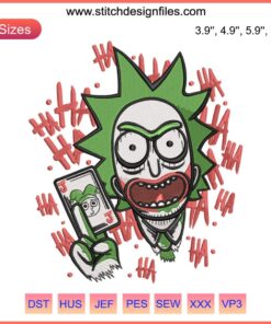 Rick and Morty Joker Embroidery Design featuring humorous cartoon blend of Rick and Morty as the Joker, vibrant colors, digital file.