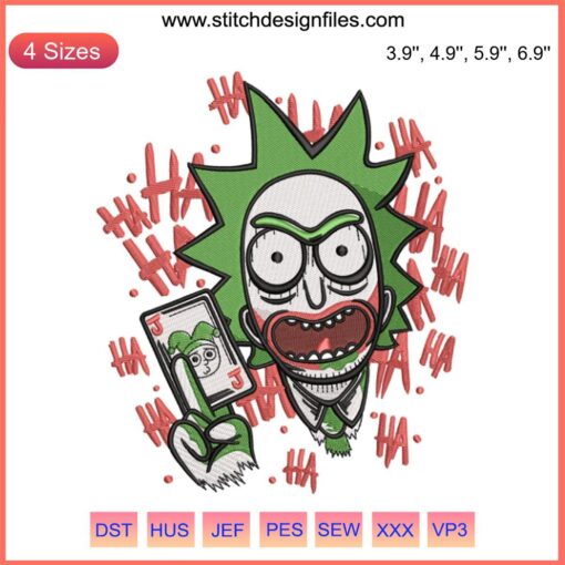 Rick and Morty Joker Embroidery Design featuring humorous cartoon blend of Rick and Morty as the Joker, vibrant colors, digital file.