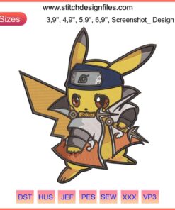 Pikachu cosplay Namikaze Minato embroidery design file, vibrant machine-ready pattern for anime-themed crafts.