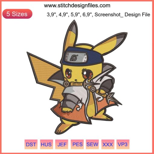 Pikachu cosplay Namikaze Minato embroidery design file, vibrant machine-ready pattern for anime-themed crafts.