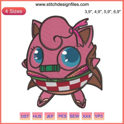 Purin Pokemon x Nezuko Kamado Logo Embroidery Machine File featuring Pokemon's Jigglypuff and Anime Demon's Nezuko design.