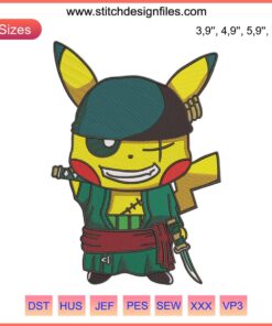 Pikachu dressed as Roronoa Zoro & Luffy with embroidered One Piece logo | Embroidery design file for machine use