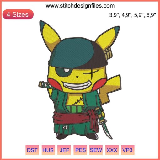 Pikachu dressed as Roronoa Zoro & Luffy with embroidered One Piece logo | Embroidery design file for machine use