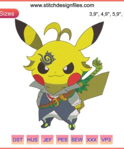 Pikachu dressed as Meliodas from Nanatsu no Taizai, featuring detailed anime logo embroidery design. Perfect for cosplay fans.