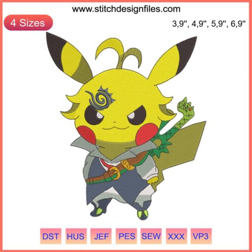 Pikachu dressed as Meliodas from Nanatsu no Taizai, featuring detailed anime logo embroidery design. Perfect for cosplay fans.