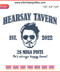 Johnny Depp Hearsay Tavern 2022 Mega Pints Logo Embroidery Design; sleek cursive text, beer mug illustration, digital file.