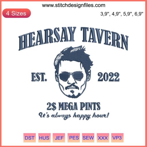 Johnny Depp Hearsay Tavern 2022 Mega Pints Logo Embroidery Design; sleek cursive text, beer mug illustration, digital file.
