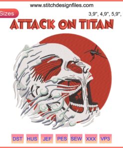 Attack on Titan Face Poster Anime Embroidery Design File, featuring iconic character face, perfect for embroidery machine download.