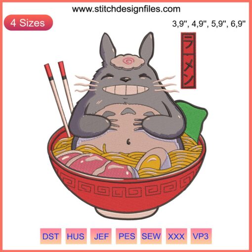 Totoro Ramen Disney Embroidery Design for Machine, Cute Anime Character Eating Ramen, Digital Sewing Pattern, Instant Download.