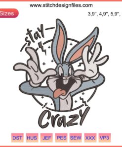 Stay Crazy Bugs Bunny Disney Embroidery Design featuring playful cartoon character in vivid colors, perfect for fun projects.