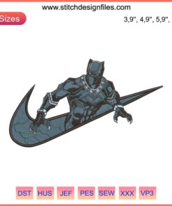 Black Panther embroidery design file, Nike-inspired logo, Marvel theme, detailed stitching, digital download.