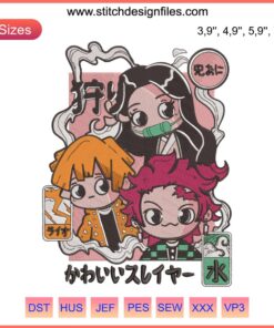 Cute chibi Demon Slayer character embroidery machine file, vibrant anime design for fabric crafts.