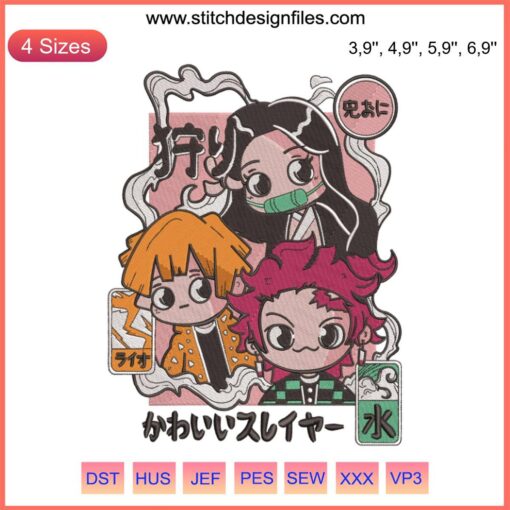 Cute chibi Demon Slayer character embroidery machine file, vibrant anime design for fabric crafts.