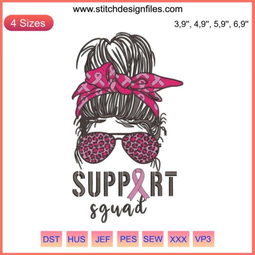 Messy Bun Pink Warrior Embroidery Design for Breast Cancer Awareness | Machine File | Support Squad