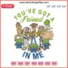 Toy Story "You've Got A Friend In Me" embroidery design for machines featuring Woody and Buzz, Disney-themed embroidery file.