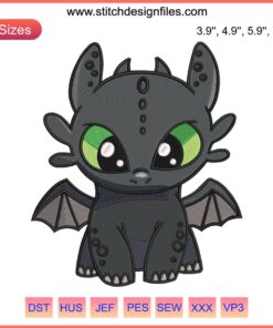 Chibi Toothless Baby Dragon Embroidery Design for Machine stitching, Cute & Adorable Fantasy DIY Pattern Download.