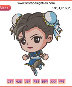 Chibi Chun-Li Embroidery Design: Adorable Anime Machine Stitch, Cute Chibi Style for Gamers and Anime Fans