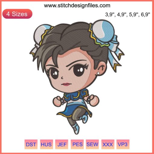 Chibi Chun-Li Embroidery Design: Adorable Anime Machine Stitch, Cute Chibi Style for Gamers and Anime Fans