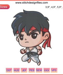 Chibi Ryu Game Embroidery Design: Cute Anime Dragon Stitch Pattern, Ideal for Machine Embroidery.