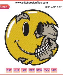 Smiley Face Skull Embroidery featuring a happy skull design with a vibrant smiley face motif. Perfect for unique, quirky art lovers.