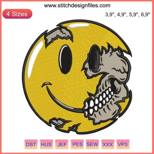 Smiley Face Skull Embroidery featuring a happy skull design with a vibrant smiley face motif. Perfect for unique, quirky art lovers.