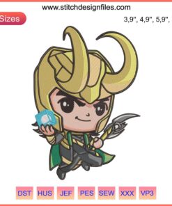 Chibi Loki Embroidery Design File: Marvel Disney Loki machine embroidery with cute chibi style, vibrant colors, and detailed patterns.