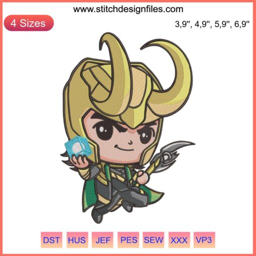Chibi Loki Embroidery Design File: Marvel Disney Loki machine embroidery with cute chibi style, vibrant colors, and detailed patterns.