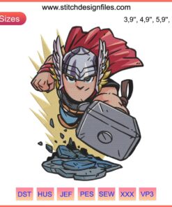 Chibi Thor Embroidery Design with Hammer | Marvel Avengers Digital File | Cute Thor Embroidery Pattern