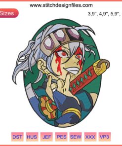 Uzui Tengen Anime Embroidery Design, Kimetsu no Yaiba Digitizing, colorful character stitch art for DIY fabric projects.