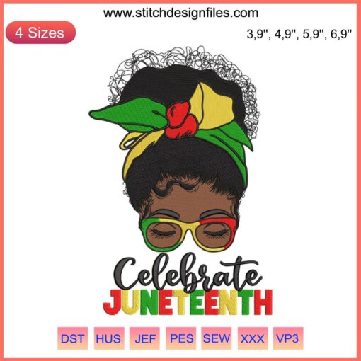Black girl embroidery design with vibrant colors celebrating Juneteenth Freedom Day, featuring cultural motifs and festive elements.