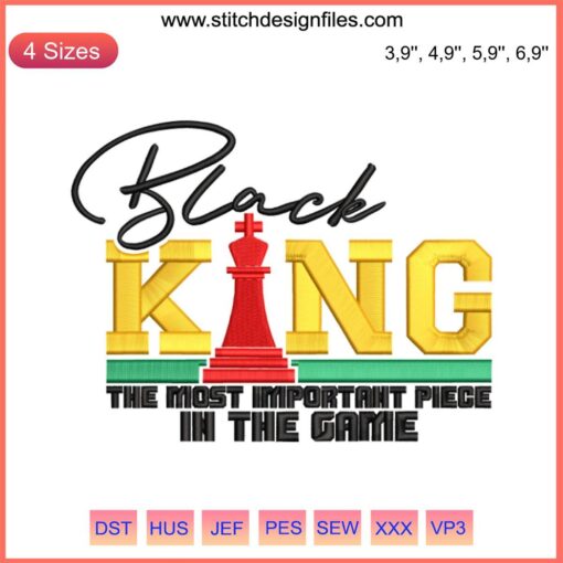 Black King embroidery design for Juneteenth celebration; powerful piece theme with regal, chess-inspired artwork.