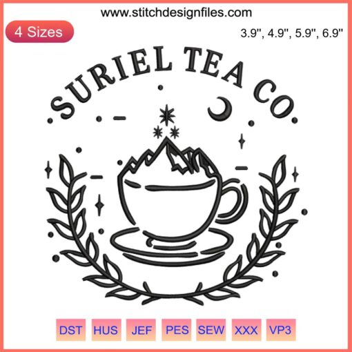 Suriel Tea Co Coffee Embroidery: A Court of Thorns and Roses design features intricate thread work inspired by the fantasy series.