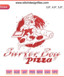 Stranger Things Surfer Boy Pizza embroidery design file for embroidery machines; vibrant pizza logo with retro style.
