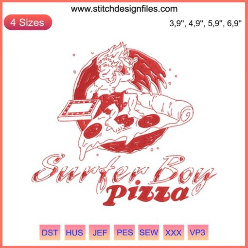 Stranger Things Surfer Boy Pizza embroidery design file for embroidery machines; vibrant pizza logo with retro style.