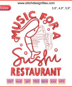 Embroidery design featuring shrimp band motif for Sushi Restaurant. Custom machine embroidery file. Perfect for culinary decor.