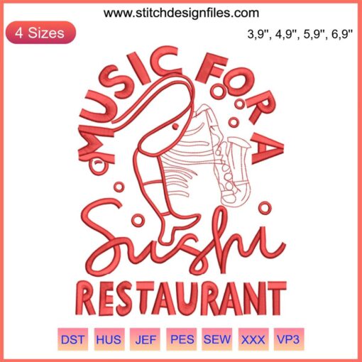 Embroidery design featuring shrimp band motif for Sushi Restaurant. Custom machine embroidery file. Perfect for culinary decor.