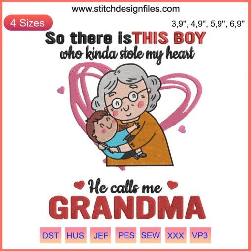 Heartfelt embroidery design featuring the phrase "So There Is This Boy Who Kinda Stole My Heart" with love family heart motifs.