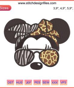 Minnie Mouse Safari Embroidery Design with Animal Print Ears, Disney-Inspired Cute Head Motif, Ideal for Kids Crafts and Apparel