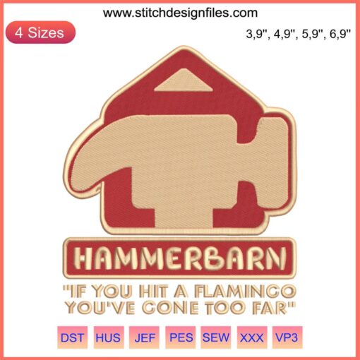 Hammerbarn Logo Embroidery: Flamingo Warning Design featuring bold pink & orange flamingos with vibrant embroidered text.