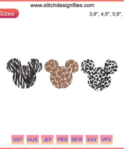 Animal Print Mickey Ears Embroidery Design File featuring Disney-inspired leopard and tiger pattern. Perfect for DIY projects.