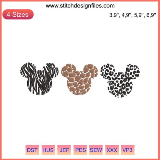 Animal Print Mickey Ears Embroidery Design File featuring Disney-inspired leopard and tiger pattern. Perfect for DIY projects.