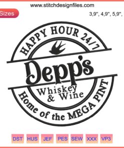 Johnny Depp Happy Hour 24/7 Mega Pint Embroidery Design File featuring whiskey, wine motifs; perfect for unique DIY crafts.