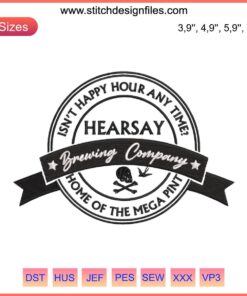 Hearsay Brewing's Mega Pint Embroidery: Johnny Depp Design with beer mug outline and bold text. Downloadable file for crafting.
