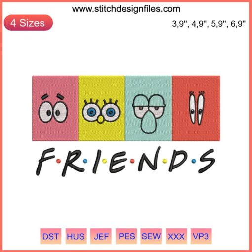 Embroidery of Spongebob characters: Patrick, Squidward, Mr. Krabs, Disney-inspired design in cheerful colors.
