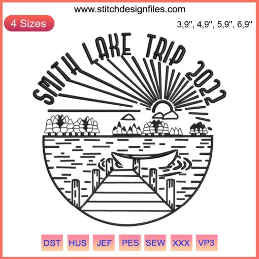 Smith Lake Trip 2022 Embroidery Design File: Scenic Sightseeing Tour, Travel Theme, Detailed Mountains and Lake Stitched Artwork