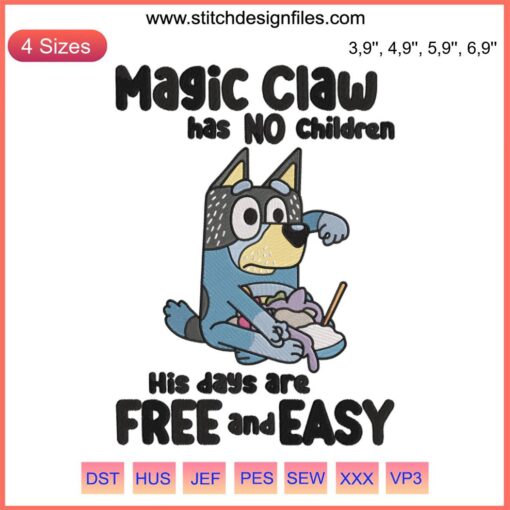 Bluey Disney Bandit Heeler Embroidery Design featuring Magic Claw, Children's Show, Vibrant Colors, Family Theme.