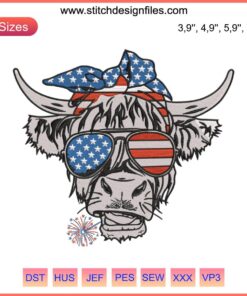 "4th of July Patriotic Cow Embroidery Design with USA Flag Sunglasses, Perfect for American Holiday Crafts."