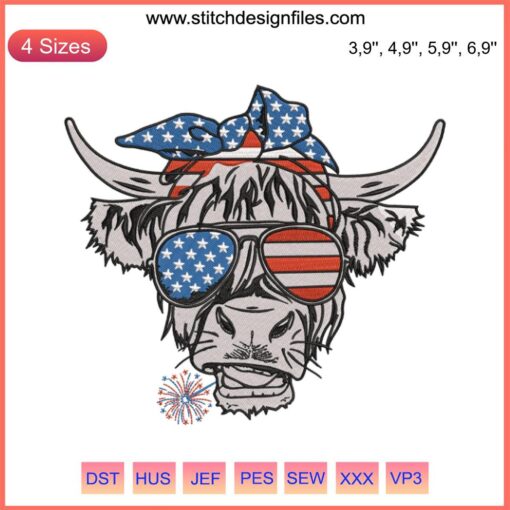 "4th of July Patriotic Cow Embroidery Design with USA Flag Sunglasses, Perfect for American Holiday Crafts."